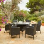 Kemble 6 Seater Rattan Round Garden Dining Table Set - Black - Image 2