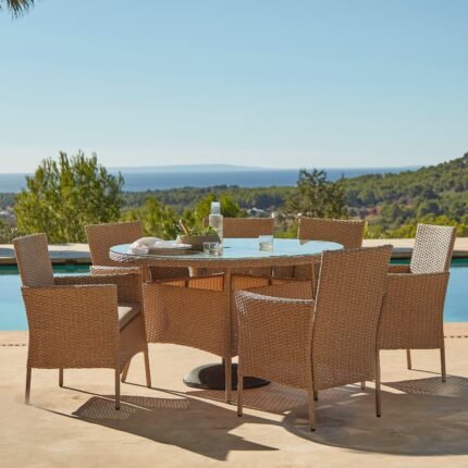 Kemble 6 Seater Rattan Round Garden Dining Table Set - Natural Brown