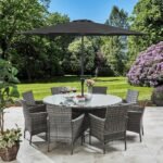 Kemble 8 Seater Rattan Round Garden Dining Set with Grey Parasol - Grey