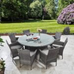Kemble 8 Seater Rattan Round Garden Dining Set with Grey Parasol - Grey - Image 3