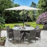Kemble 8 Seater Rattan Round Garden Dining Set with Cream Parasol - Grey