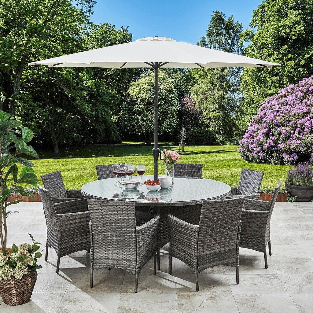 kemble-8-seater-rattan-round-dining-set-with-parasol-rattan-garden-furniture-grey-laura-james-1 Kemble 8 Seater Rattan Round Garden Dining Set with Cream Parasol - Grey