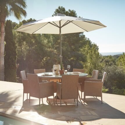 Kemble 8 Seater Rattan Round Garden Dining Set with Cream Parasol - Natural Brown