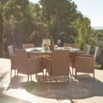 Kemble 8 Seater Rattan Round Garden Dining Set with Cream Parasol - Natural Brown - Image 3