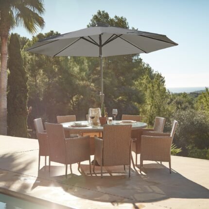 Kemble 8 Seater Rattan Round Garden Dining Set with Grey Parasol - Natural Brown Weave