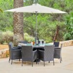 Kemble 8 Seater Rattan Round Garden Dining Set with Cream Parasol - Black