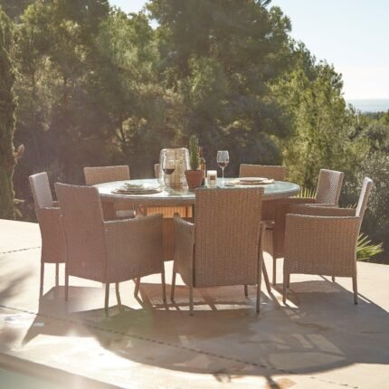 Kemble 8 Seater Rattan Round Garden Dining Table Set - Natural Brown