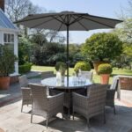 Kemble 6 Seater Rattan Round Garden Dining Set with Grey Parasol - Grey Weave