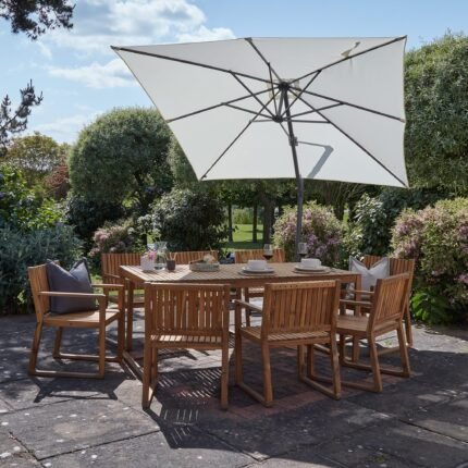 Lennox Table & 8 Lennox Armchairs with Cream LED Premium Parasol