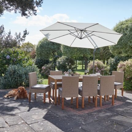 Lennox Table with 8 Oliver Dining Chairs with Cream Lean Over Parasol