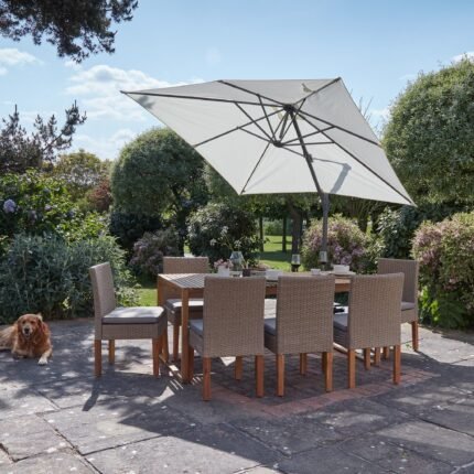 Lennox Table with 8 Oliver Dining Chairs with Cream LED Premium Parasol