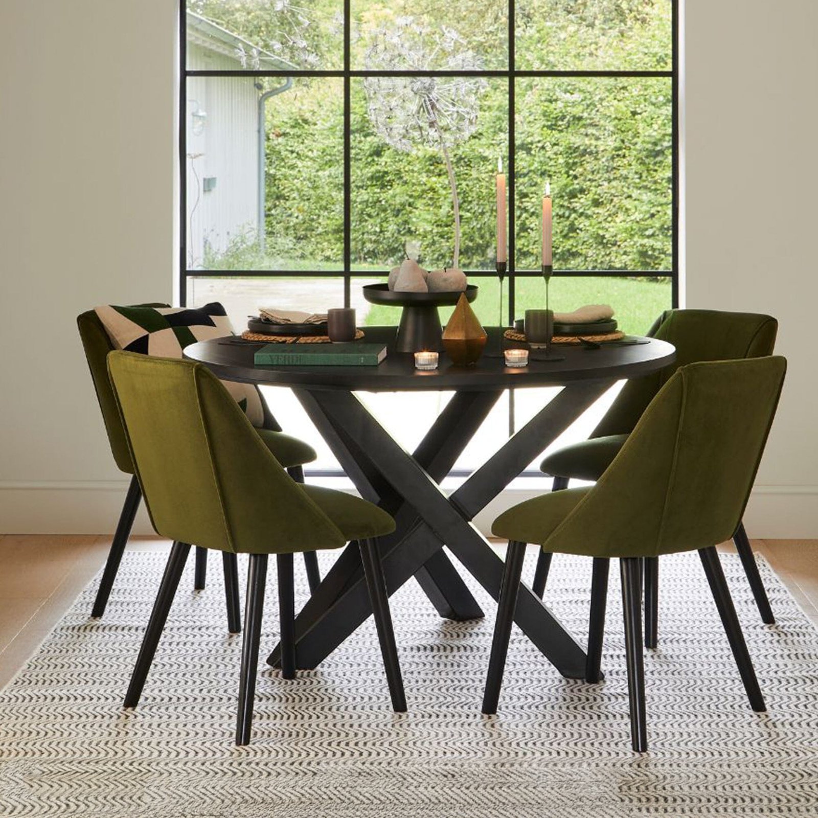 levi-freyafern-green-round-4-seater-dining-set2 Levi Black Round Dining Table Set - 4 Seater - Freya Fern Green Dining Chairs with Black Legs