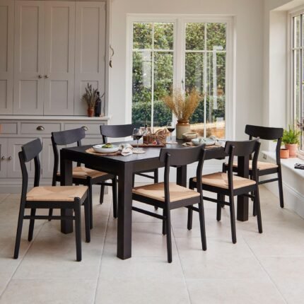Magnus 140 cm Black Extendable Dining Table Set - 6 Seater - Black Woven Wooden Chairs
