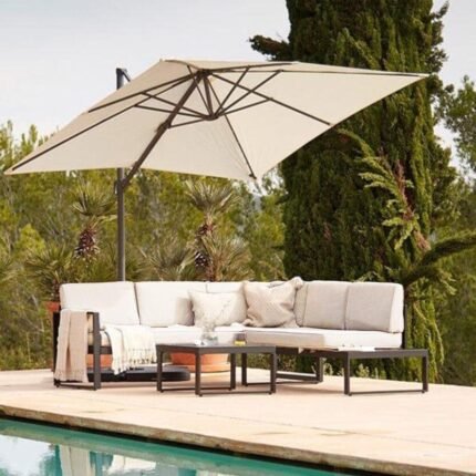 Maia 5 Seater Garden Interchangeable Sofa Set with Cream LED Premium Cantilever Parasol - Black