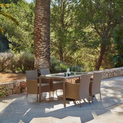 Marston 4 Seater Rattan Garden Dining Set  - Natural Brown - Glass Top