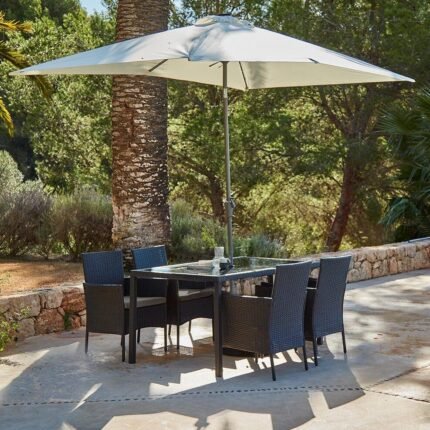Marston 4 Seater Rattan Garden Dining Set with Cream LED Premium Parasol - Black - Glass Top