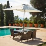 Marston 4 Seater Rattan Garden Dining Set with Cream LED Premium Parasol - Grey - Polywood Top