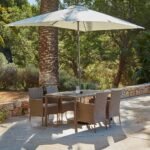 Marston 4 Seater Rattan Garden Dining Set with Cream LED Premium Parasol - Natural Brown - Polywood Top