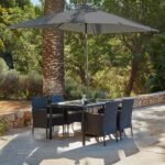 Marston 4 Seater Rattan Garden Dining Set with Grey LED Premium Parasol - Black - Glass Top