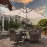 Marston 6 Seater Rattan Garden Dining Set with Cream LED Premium Parasol - Grey - Glass Top