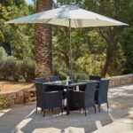 Marston 6 Seater Rattan Garden Dining Set with Cream Parasol - Black - Glass Top