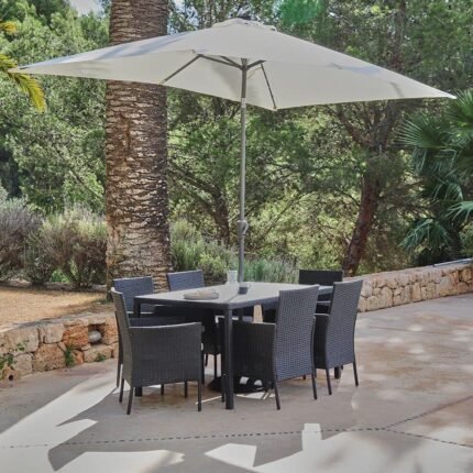 Marston 6 Seater Rattan Garden Dining Set with Cream Parasol - Black - Polywood Top