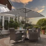 Marston 6 Seater Rattan Garden Dining Set with Grey LED Premium Parasol - Grey - Glass Top