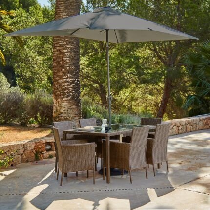 Marston 6 Seater Rattan Garden Dining Set with Grey LED Premium Parasol - Natural Brown - Glass Top
