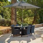 Marston 6 Seater Rattan Garden Dining Set with Grey Parasol - Black - Glass Top