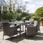 Marston 6 Seater Rattan Garden Dining Set with Grey Parasol - Grey - Glass Top - Image 2