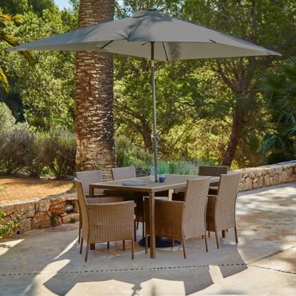 Marston 6 Seater Rattan Garden Dining Set with Grey Parasol - Natural Brown - Polywood Top