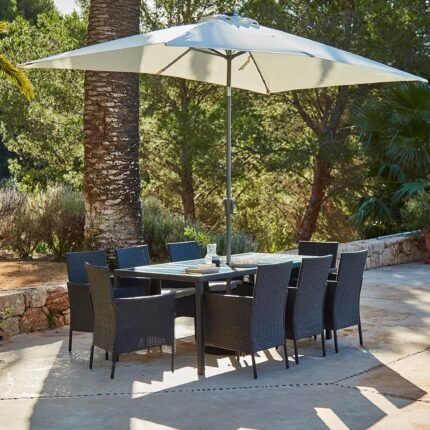 Marston 8 Seater Rattan Garden Dining Set with Cream LED Premium Parasol - Black - Glass Top
