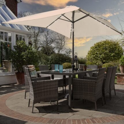 Marston 8 Seater Rattan Garden Dining Set with Cream LED Premium Parasol - Grey - Glass Top