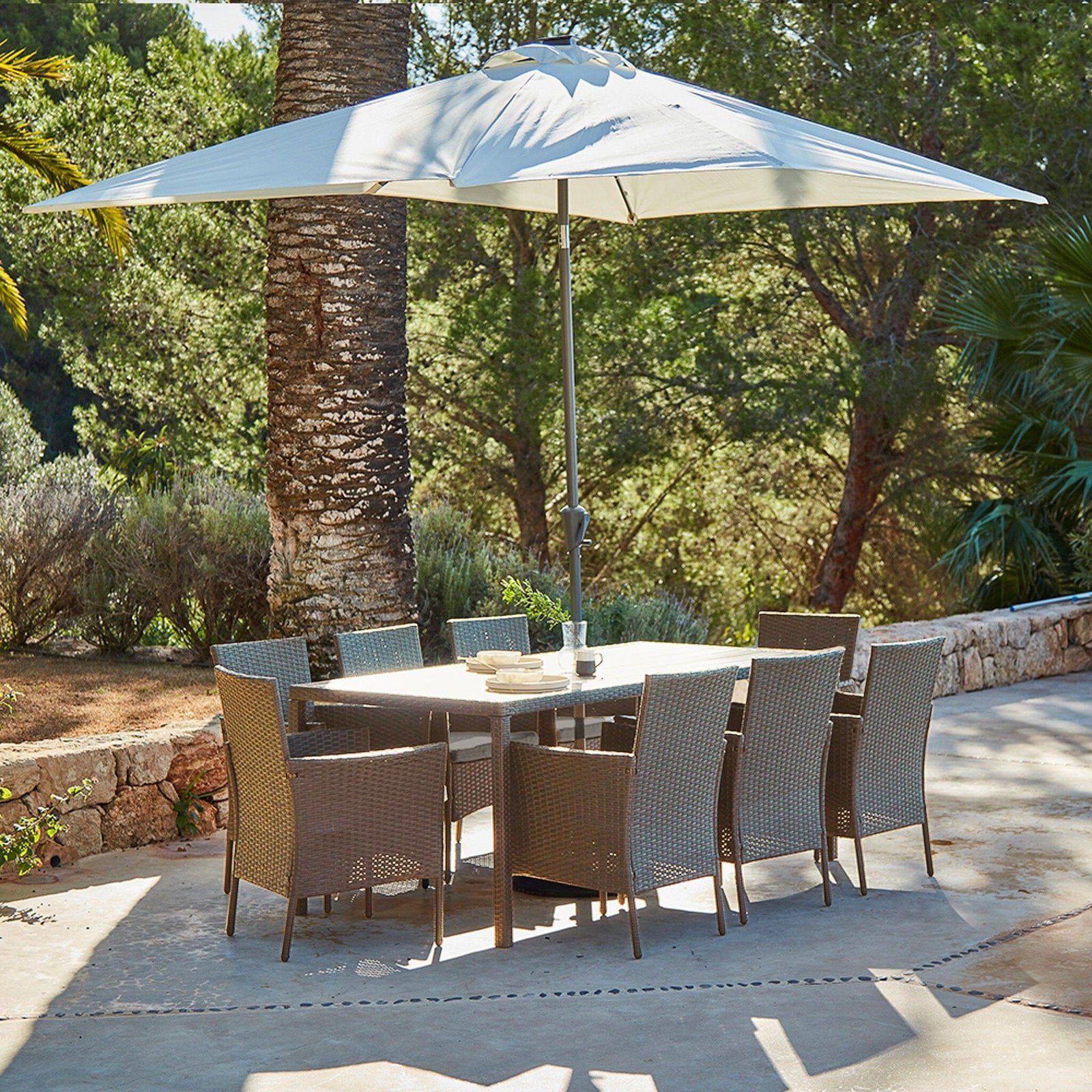 marston-8-seater-rattan-outdoor-dining-set-with-cream-led-premium-parasol-rattan-garden-furniture-natural-brown-polywood-top-laura-james-1 Marston 8 Seater Rattan Garden Dining Set with Cream LED Premium Parasol - Natural Brown - Polywood Top