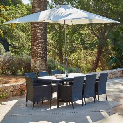 Marston 8 Seater Rattan Garden Dining Set with Cream Parasol - Black - Polywood Top