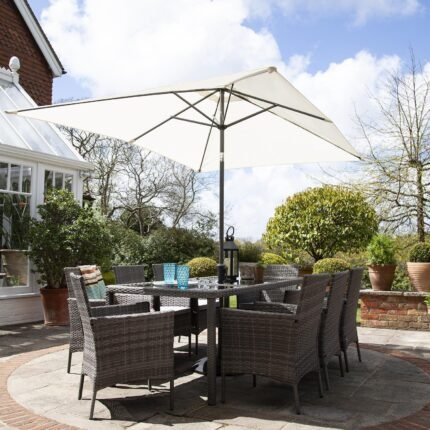 Marston 8 Seater Rattan Garden Dining Set with Cream Parasol - Grey - Glass Top