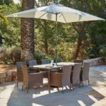 Marston 8 Seater Rattan Garden Dining Set with Cream Parasol - Natural Brown - Glass Top