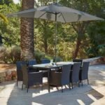 Marston 8 Seater Rattan Garden Dining Set with Grey LED Premium Parasol - Black - Glass Top