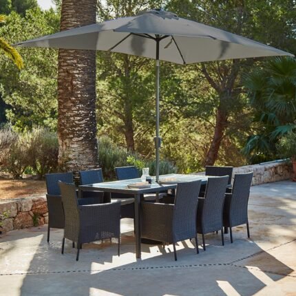 Marston 8 Seater Rattan Garden Dining Set with Grey LED Premium Parasol - Black - Glass Top