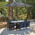 Marston 8 Seater Rattan Garden Dining Set with Grey LED Premium Parasol - Black - Polywood Top