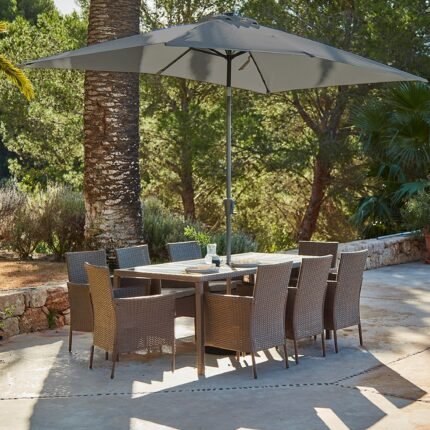 Marston 8 Seater Rattan Garden Dining Set with Grey LED Premium Parasol - Natural Brown - Glass Top