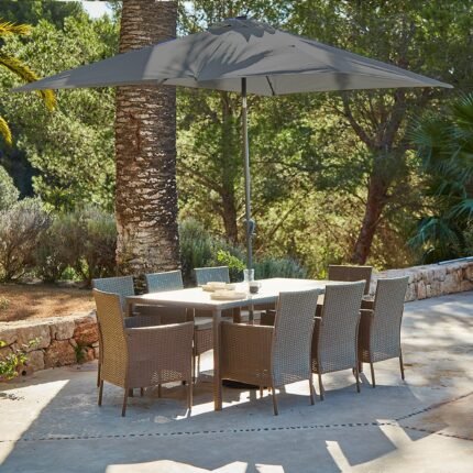 Marston 8 Seater Rattan Garden Dining Set with Grey LED Premium Parasol - Natural Brown - Polywood Top