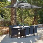 Marston 8 Seater Rattan Garden Dining Set with Grey Parasol - Black - Polywood Top
