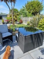 Cube 8 Seater Rattan Outdoor Dining Set with Cream Parasol - Black Weave - Image 2