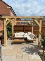 Dakota Wooden Garden Corner Sofa Set with Cream Parasol - Sand Cushions - Image 3
