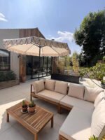 Dakota Wooden Garden Corner Sofa Set with Grey LED Premium Parasol - Sand Cushions - Image 9