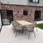 Amelia 8 Seater Wooden Garden Dining Set with 8 Hali Natural Chairs - Light Brushed Acacia with Black Legs - Image 11