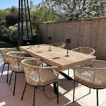 Amelia 6 Seater Wooden Garden Dining Set with 6 Hali Natural Chairs - Light Brushed Acacia with Black Legs - Image 2