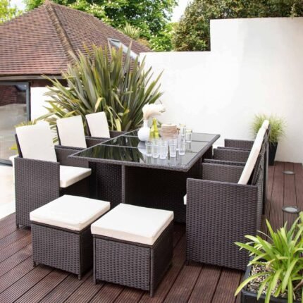 Outlet - 10 Seater Rattan Cube Outdoor Dining Set - Brown Weave