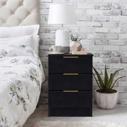 Outlet - Essie 3 Drawer Bedside Table - Pitch Black
